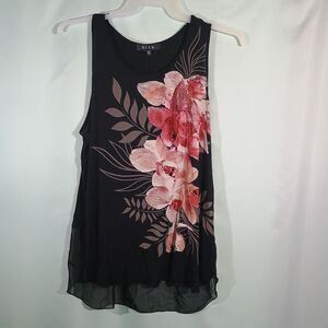 Black Floral Tank Top Sheer Hem Sleeveless Blouse Lightweight Flowing Top